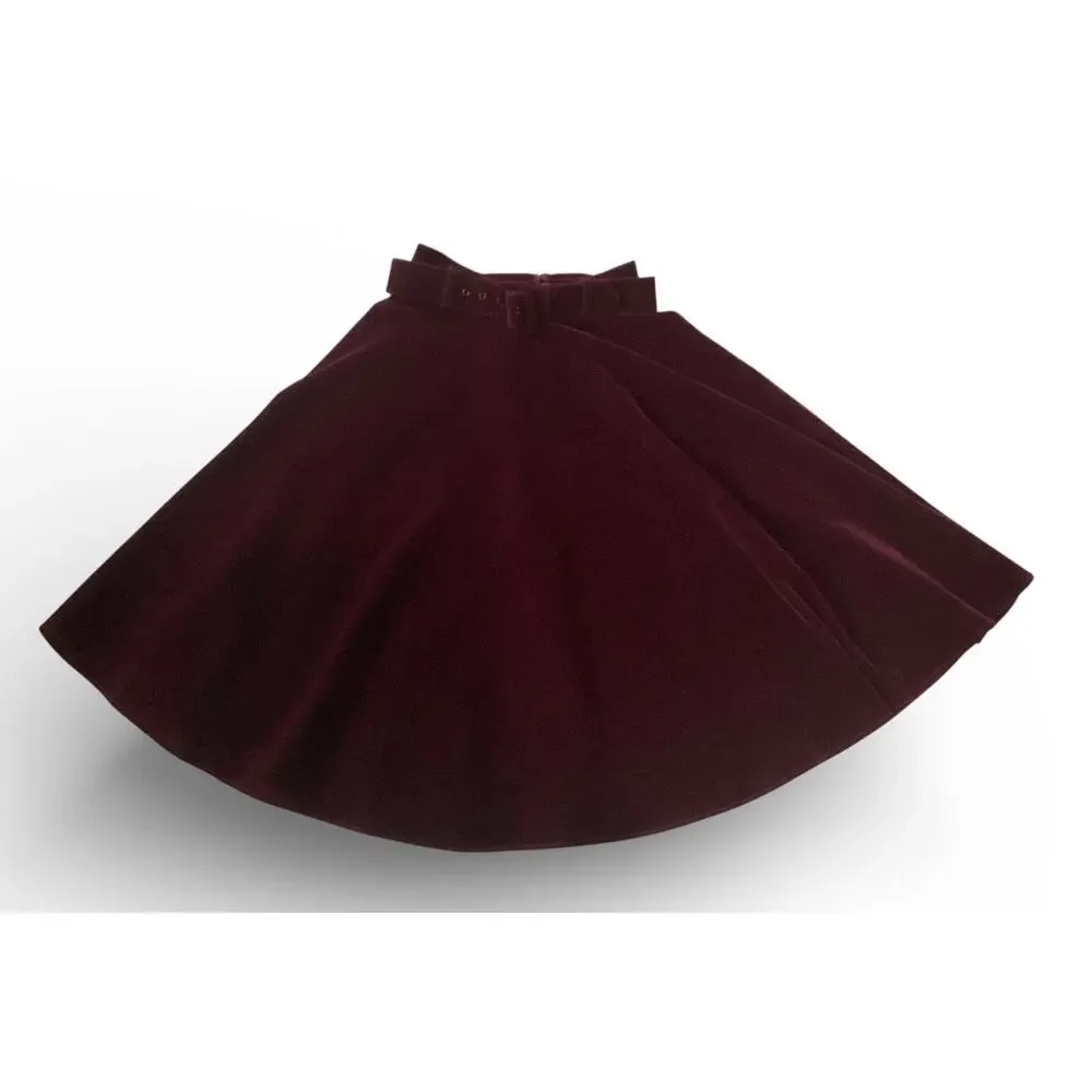 ModCloth collectif velvet swing skirt/A-Line belted midi skirt size S burgundy - Picture 6 of 9